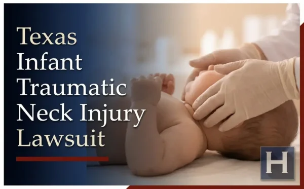 Un profesional de la medicina con guantes sujeta suavemente la cabeza y el cuello de un bebé, lo que subraya las posibles preocupaciones que aborda un abogado especializado en lesiones traumáticas cervicales infantiles Texas.