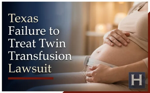 A pregnant woman holds her belly while wearing a fetal monitor, reflecting the possible need for a Texas Failure to Treat Twin Transfusion lawyer.