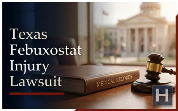 An image shows a medical records book and gavel on a desk with a courthouse outside, underscoring the concerns a Texas Febuxostat Injury lawyer addresses.