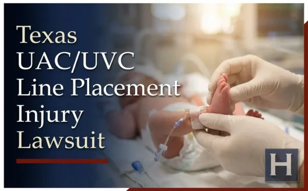 Gloved hands gently hold an infant's foot with a medical line, underscoring questions about a possible Texas UAC/UVC Line Placement Injury with a dedicated lawyer.