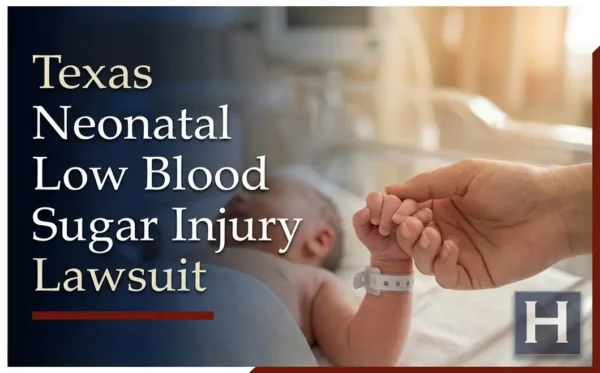 An adult hand gently holds a newborn's hand with an ID band in a hospital, illustrating why a Texas Neonatal Low Blood Sugar Injury lawyer may provide support.