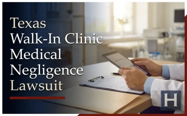 Un profesional de la salud revisa información en una tableta mientras está sentado en un escritorio con un portapapeles, lo que ilustra posibles casos de negligencia médica en la clínica sin cita previa Texas para un abogado.
