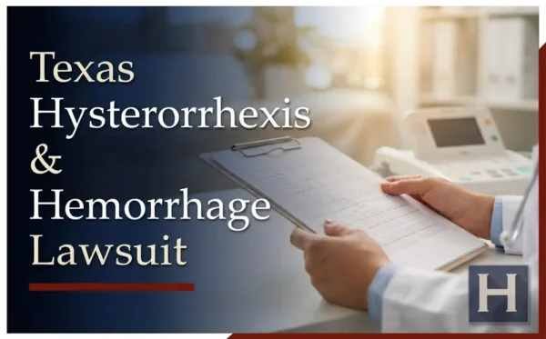 A medical professional in a lab coat reviews a clipboard of documents in a bright clinic, illustrating the complexities a Texas Hysterorrhexis & Hemorrhage lawyer addresses.