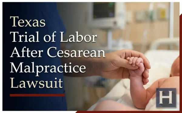 An adult's hand gently holds a newborn's tiny hand in a hospital room, underscoring the serious nature of a Texas Trial of Labor After Cesarean Malpractice lawyer's work.