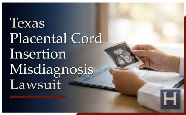 A medical professional reviews an ultrasound image of a fetus and medical documents, underscoring the need for a Texas Placental Cord Insertion Misdiagnosis lawyer.