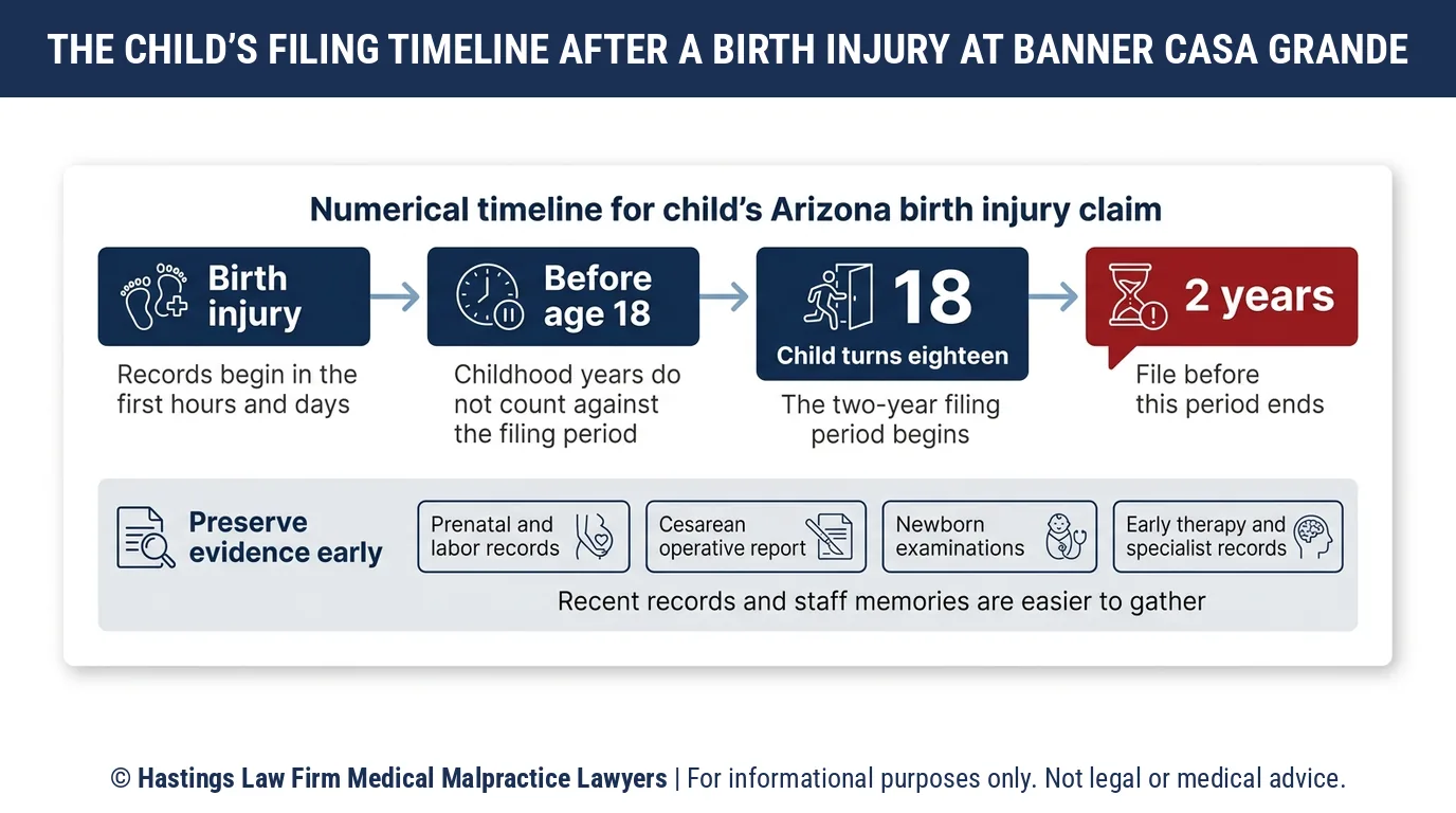 How long does a child have to sue Banner Casa Grande Medical Center over a birth injury with a hospital negligence lawyer.