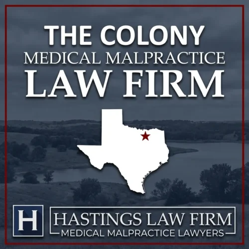 Best Medical Malpractice Attorneys in The Colony Texas A landscape scene of The Colony Texas. A red star pinpoints the location where local Medical Malpractice Lawyers have helped injured patients. The Hastings Law Firm logo appears at the bottom.