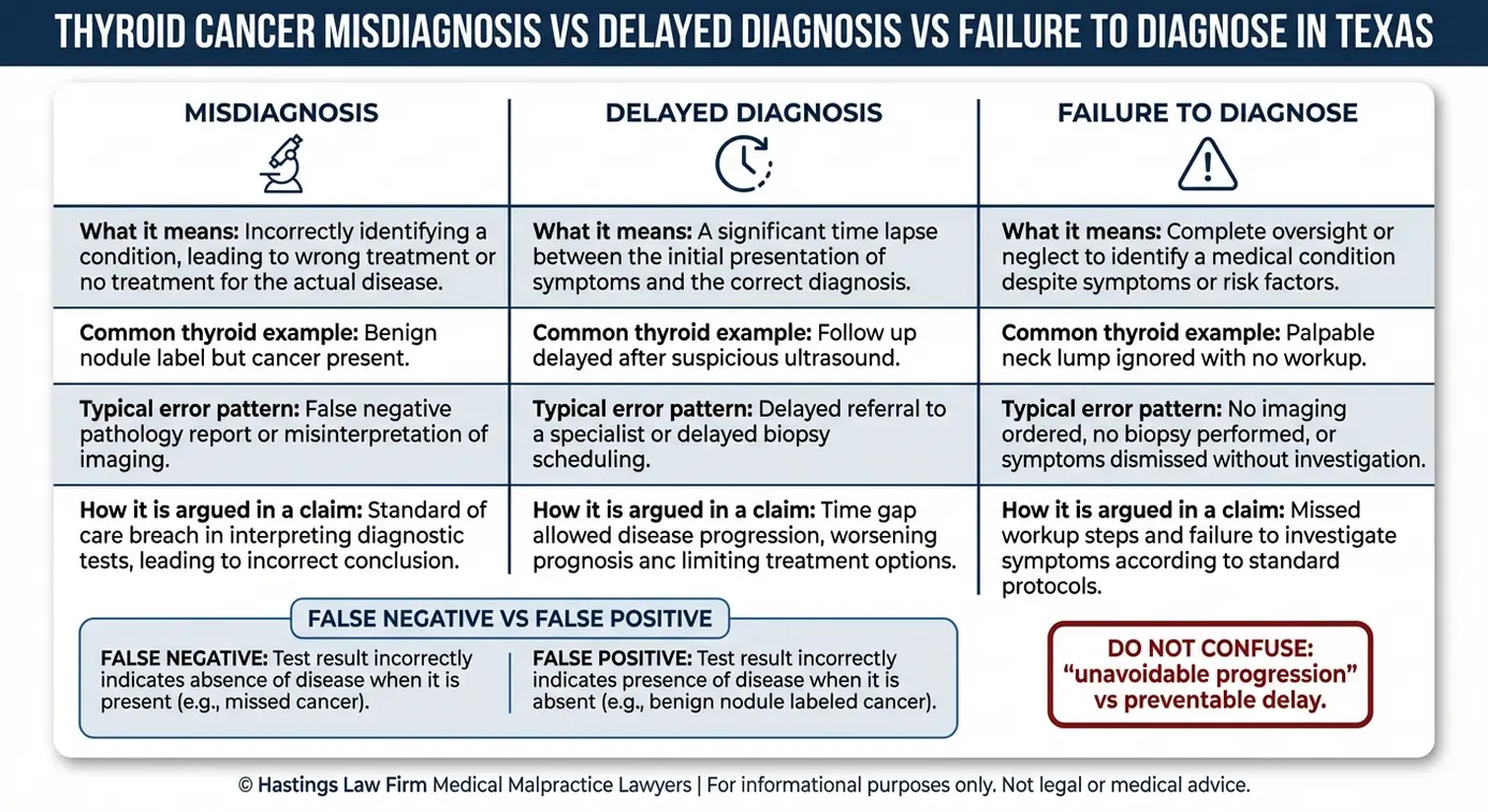 Tabla comparativa en la que se definen los conceptos de «diagnóstico erróneo», «diagnóstico tardío» y «falta de diagnóstico» para la evaluación de un abogado especializado en casos de diagnóstico erróneo de cáncer de tiroides Texas, incluyendo ejemplos de falsos negativos y falsos positivos.