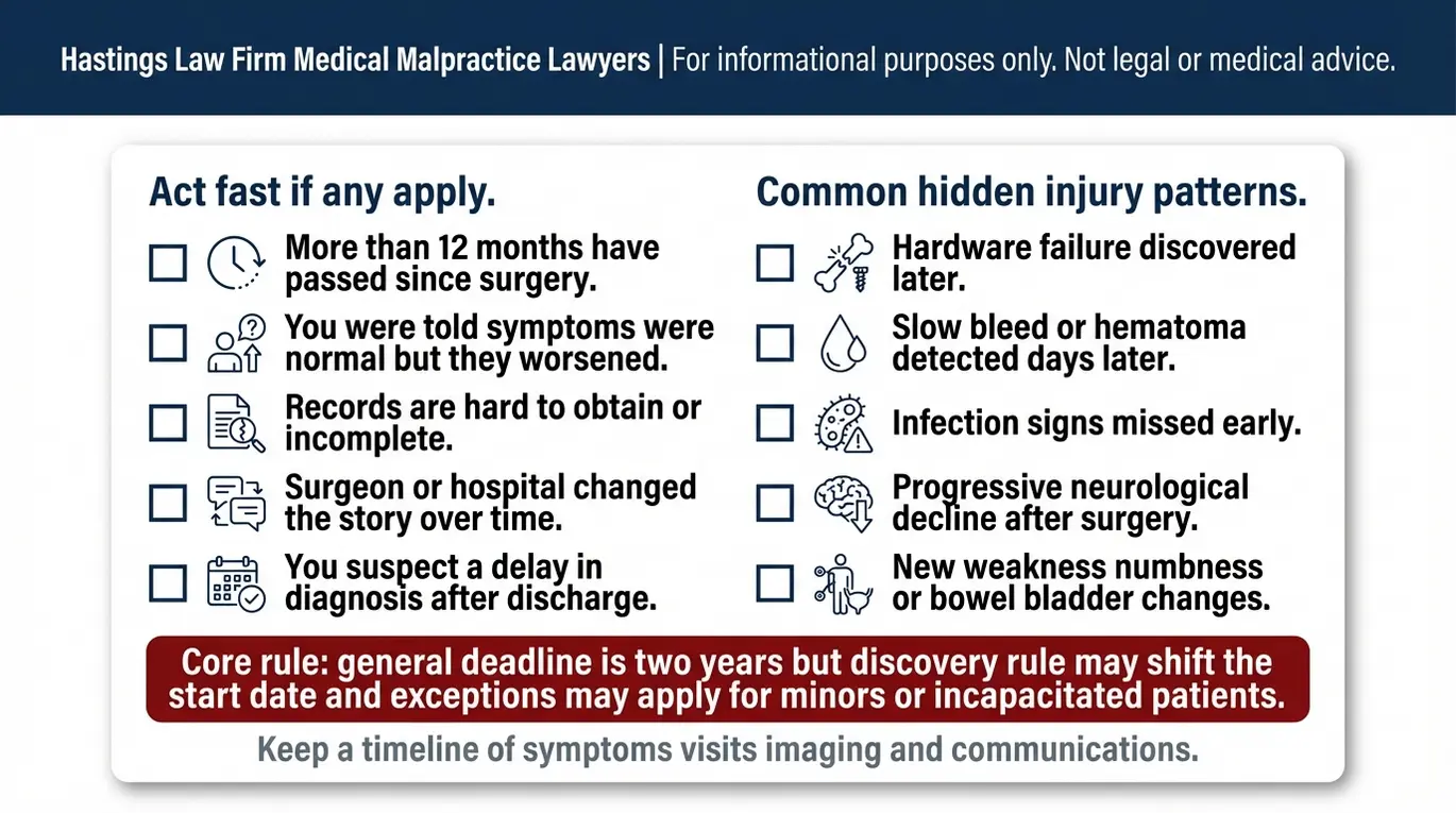Lista de verificación de advertencias para abogados especializados en negligencia médica de neurocirujanos en Arizona: riesgos relacionados con los plazos, que abarcan el plazo de prescripción, la regla de descubrimiento, indicios y síntomas de alerta como el empeoramiento de la debilidad, hematomas tardíos, infecciones y fallos en los implantes.