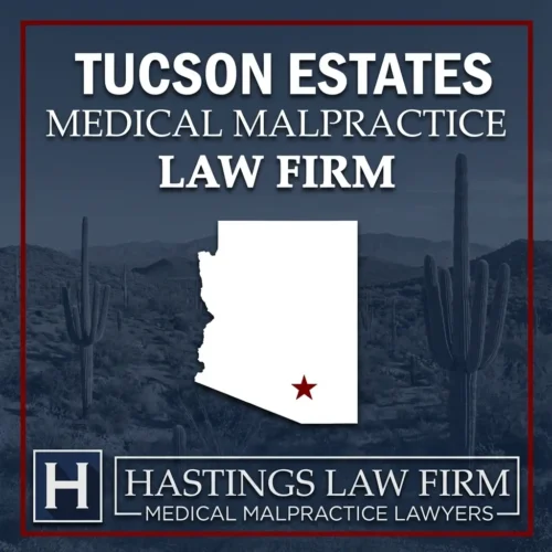 Los mejores abogados especializados en negligencia médica en Tucson Estates, Arizona Una imagen panorámica de Tucson Estates, Arizona. Una estrella roja señala el lugar donde los abogados locales especializados en negligencia médica han ayudado a pacientes lesionados. El logotipo de Hastings Law Firm aparece en la parte inferior.