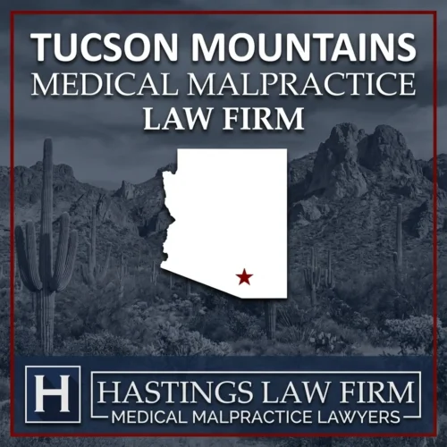 Los mejores abogados especializados en negligencia médica en Tucson Mountains, Arizona Una imagen panorámica de las montañas de Tucson, en Arizona. Una estrella roja señala el lugar donde los abogados locales especializados en negligencia médica han ayudado a pacientes lesionados. El logotipo de Hastings Law Firm aparece en la parte inferior.