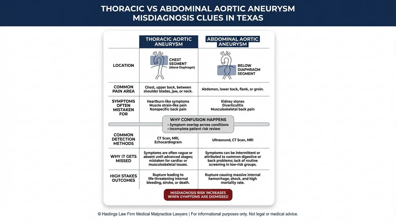 Tabla comparativa en la que se explican las características de los aneurismas aórticos torácicos y abdominales, así como los patrones habituales de diagnóstico erróneo, para su evaluación por parte de un abogado especializado en casos de diagnóstico erróneo de aneurismas aórticos de Texas.