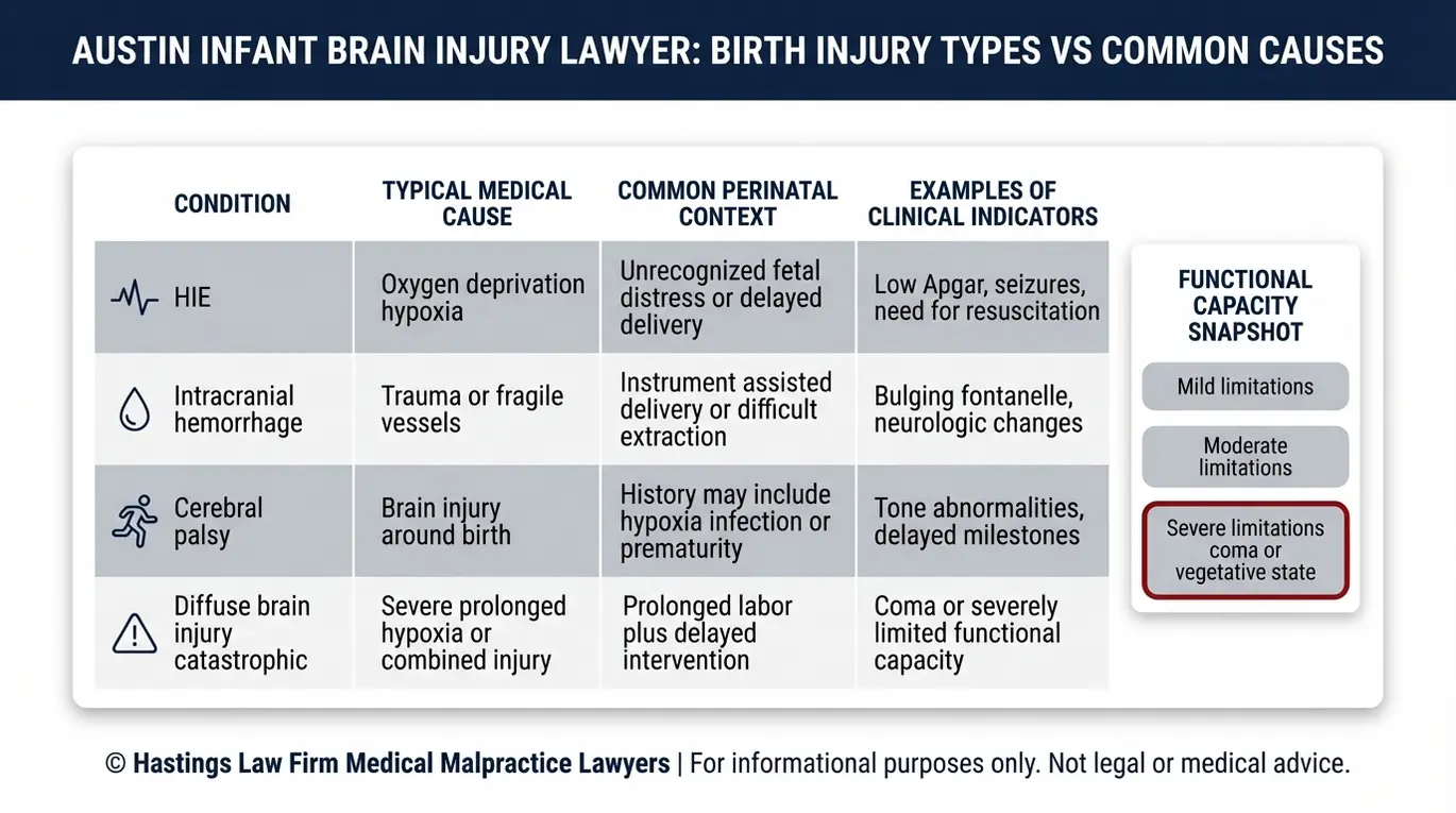 Tabla comparativa de la hemorragia intracraneal (HIE) y la parálisis cerebral, en la que se muestran las causas típicas y los indicadores relevantes para el análisis de un caso por parte de un abogado especializado en lesiones cerebrales infantiles de Austin.