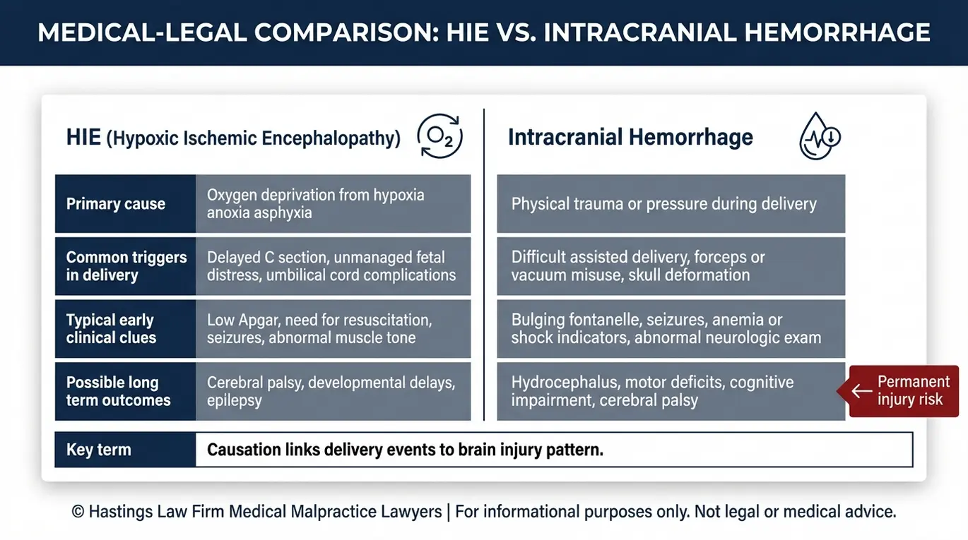 Comparison chart explaining birth related brain injury types including HIE versus intracranial hemorrhage with causes delivery errors early signs and long term outcomes relevant to a Texas Infant Brain Damage Lawyer case review.