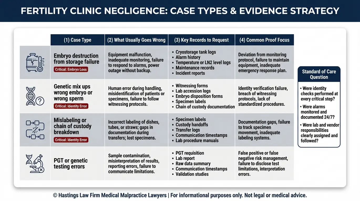 Comparison chart for an Arizona Fertility Clinic Malpractice Lawyer showing major IVF malpractice case types with what goes wrong and the key records and proof typically used.