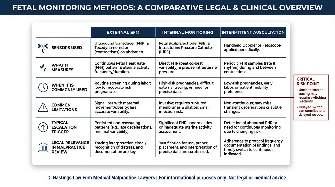 Comparison chart explaining fetal monitoring methods and how an Arizona Fetal Monitoring Malpractice Lawyer evaluates external EFM, internal monitoring, and intermittent auscultation for clarity, limitations, and escalation triggers.