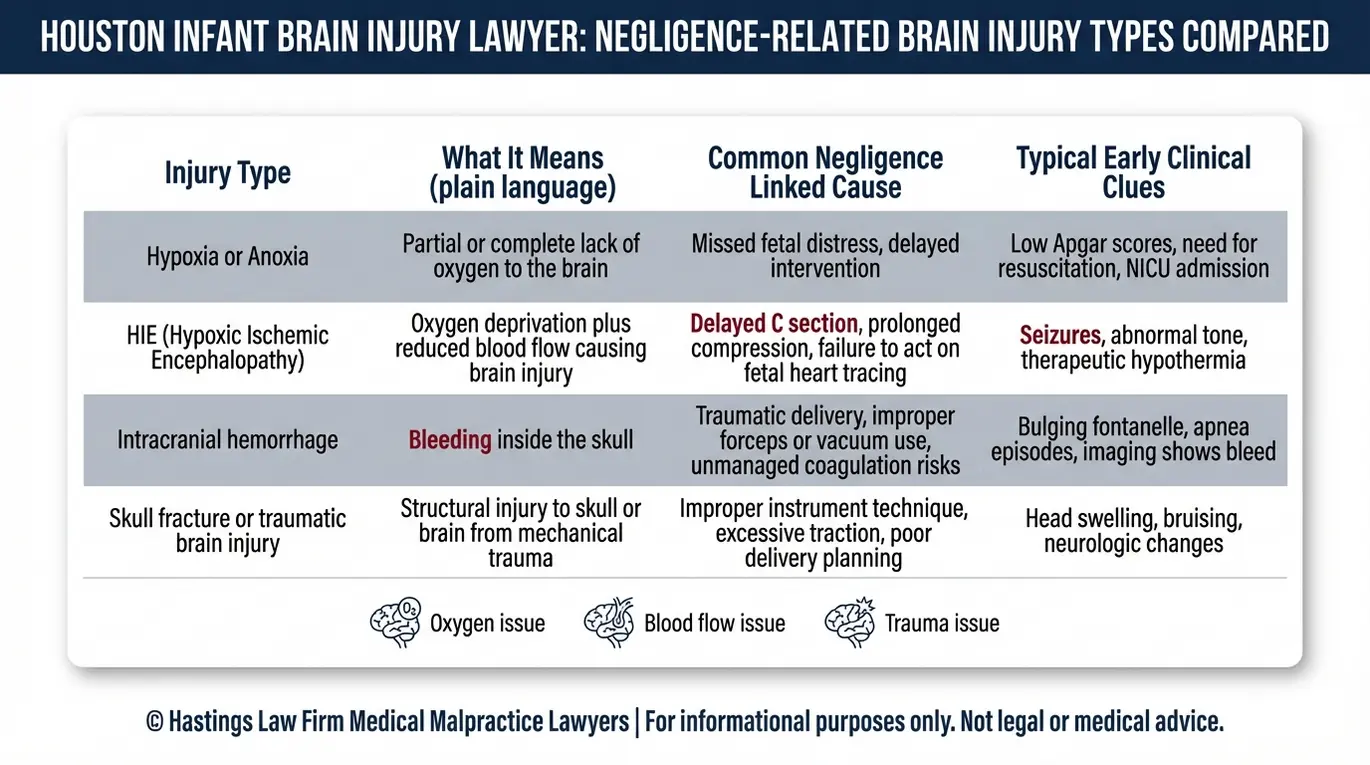 Comparison table explaining negligence related infant brain injuries for a Houston Infant Brain Injury Lawyer including hypoxia anoxia HIE intracranial hemorrhage and traumatic skull injury with causes and early clinical clues.