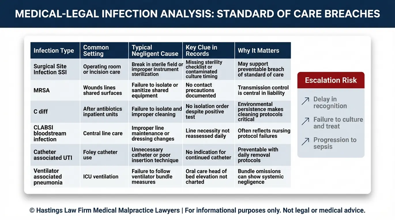 Tabla comparativa de los tipos de infecciones nosocomiales —como la infección del sitio de incisión (SSI), el MRSA, la C. difficile, la infección relacionada con el catéter venoso central (CLABSI), la infección urinaria (UTI) y la neumonía asociada a la ventilación mecánica— junto con las causas comunes de negligencia utilizadas por un abogado especializado en infecciones hospitalarias que aplica el principio «Texas».