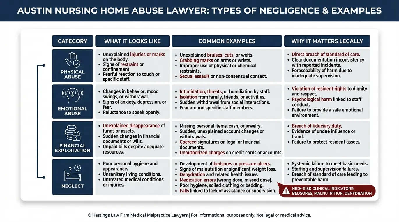 Comparison table for an Austin Nursing Home Abuse Lawyer showing physical abuse emotional abuse financial exploitation and neglect with examples like bedsores malnutrition dehydration and medication errors and the legal significance of each category.