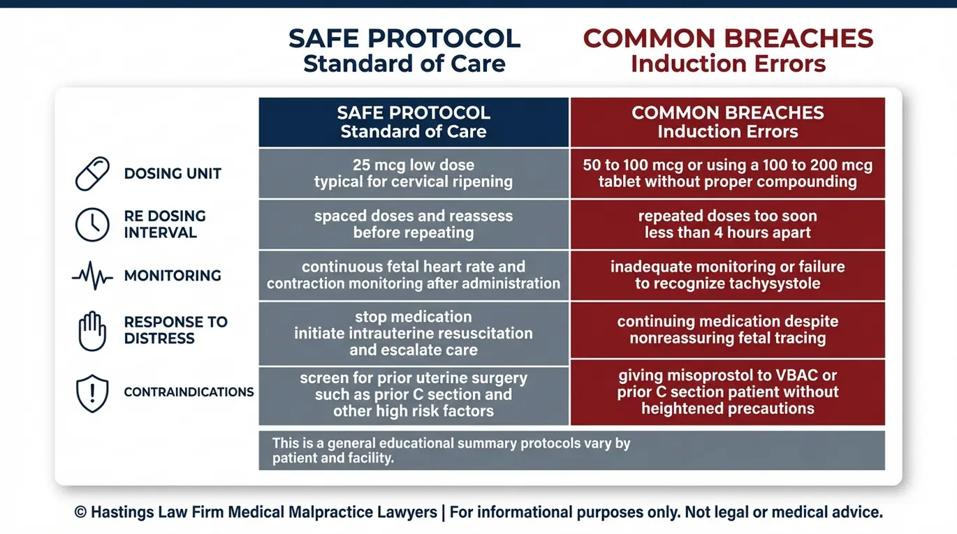 Tabla comparativa elaborada por un abogado especializado en casos de errores en la inducción con misoprostol en Arizona, en la que se muestra el protocolo seguro de inducción con Cytotec frente a los errores comunes por negligencia en los intervalos de dosificación, el seguimiento de la respuesta ante el sufrimiento fetal y las contraindicaciones.