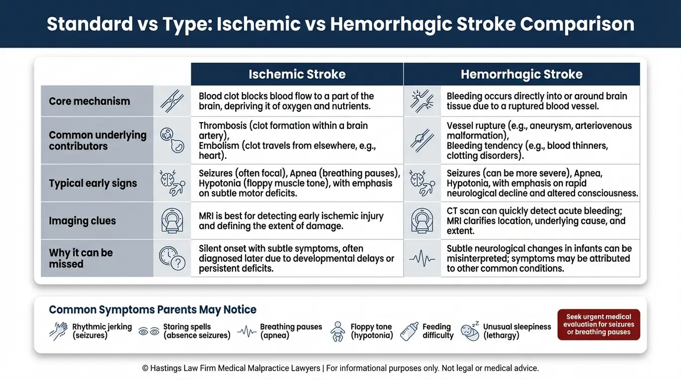 Comparison chart explaining ischemic versus hemorrhagic neonatal stroke types with common symptoms like seizures apnea and hypotonia for families seeking a Texas Infant Arterial Ischemic Stroke Lawyer.