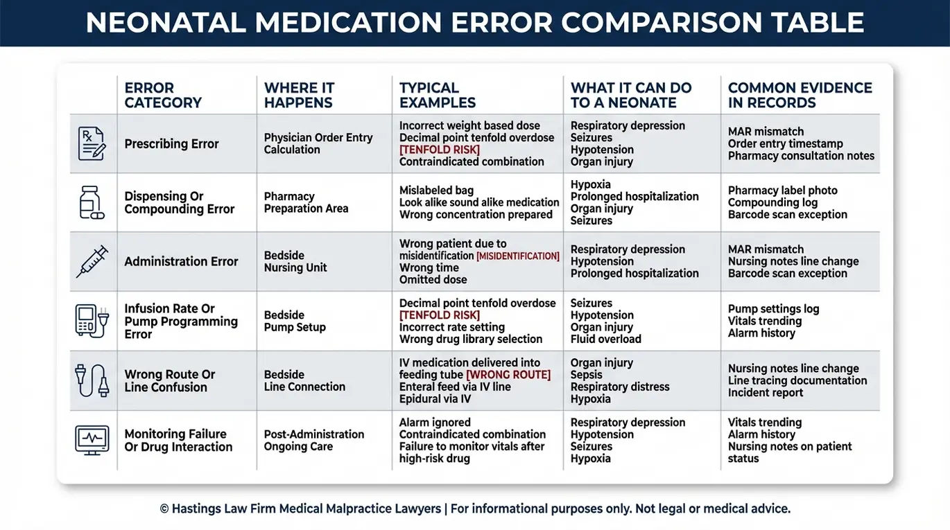 Comparison chart summarizing common Texas NICU medication error categories including prescribing dispensing administration infusion rate wrong route and monitoring failures with typical examples infant impacts and medical record evidence a Texas NICU Medication Error Lawyer reviews.