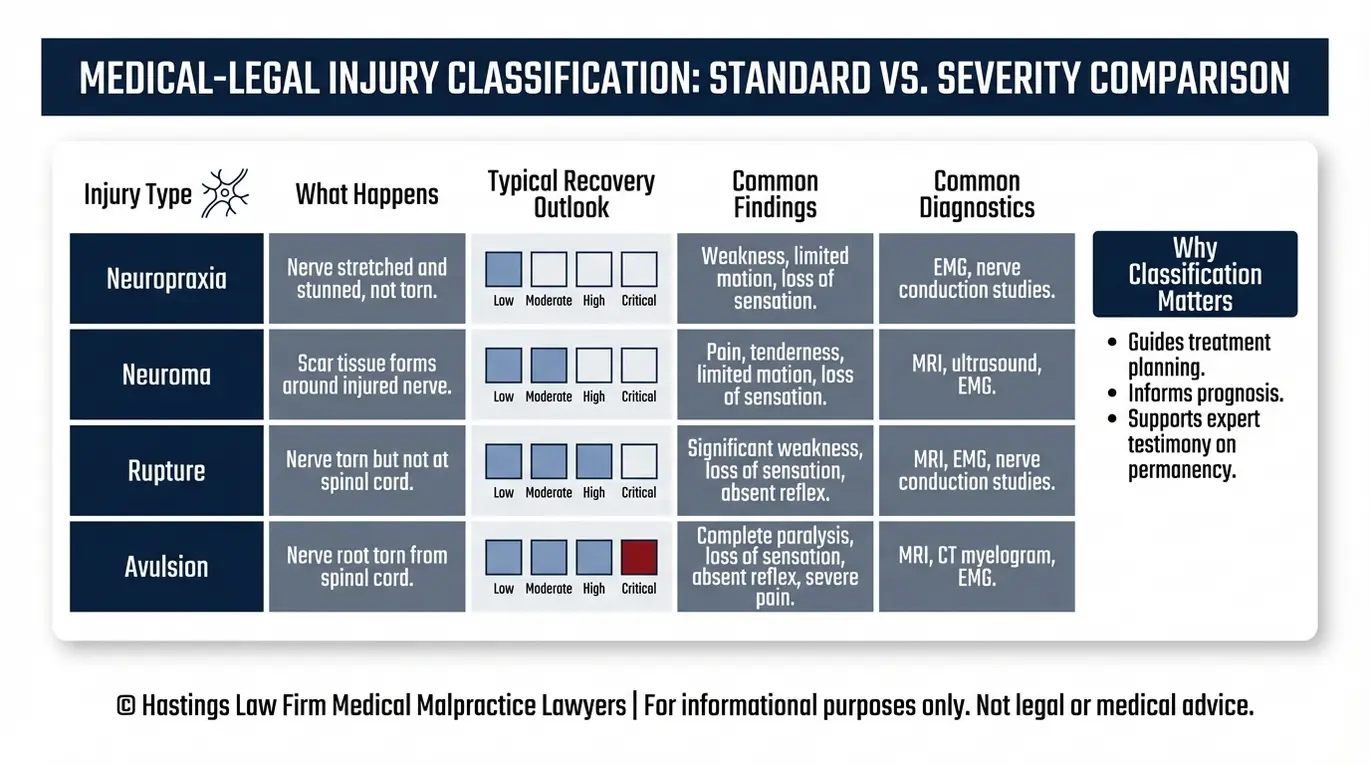Comparison chart explaining brachial plexus injury severity from neuropraxia to avulsion with recovery outlook findings and diagnostics for a Texas Erb's Palsy Injury Lawyer case review.