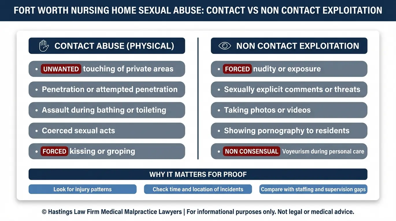 Comparison chart defining Fort Worth nursing home sexual abuse by contrasting contact abuse with non contact exploitation and listing common examples of each.