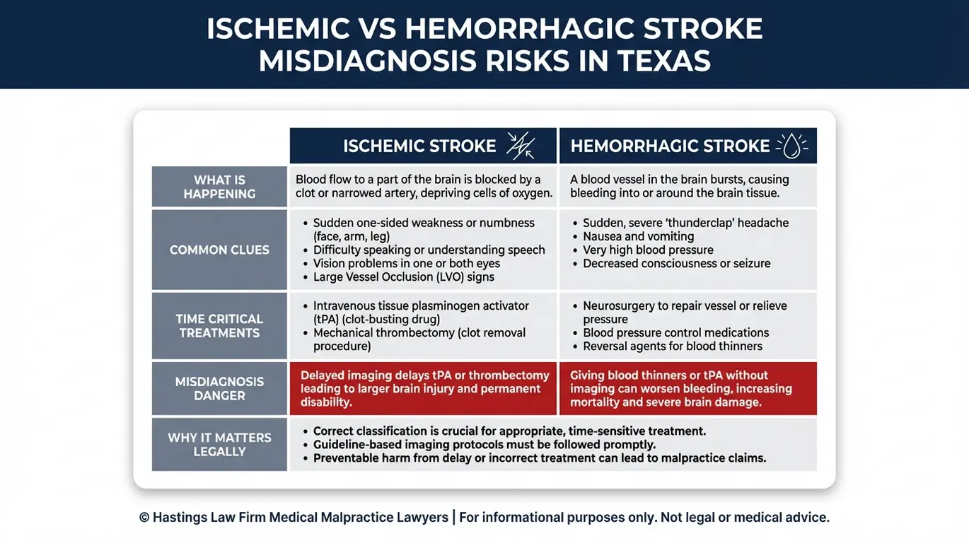 Comparison chart explaining ischemic versus hemorrhagic stroke causes treatments and misdiagnosis dangers for a Texas Stroke Misdiagnosis Lawyer.