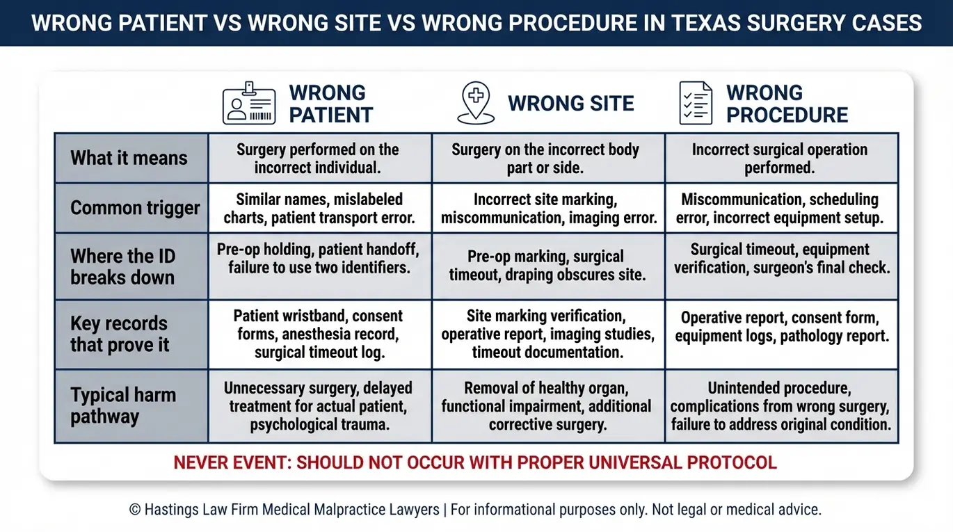 Comparison table explaining Texas Wrong Patient Surgery Malpractice categories including wrong patient surgery, wrong site surgery, and wrong procedure with key proof records and common causes.