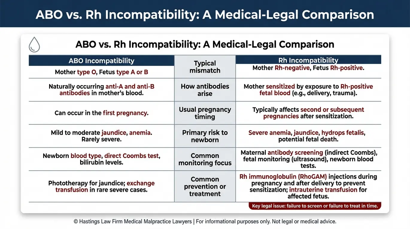 Cuadro comparativo que explica la incompatibilidad ABO frente a la incompatibilidad Rh para un abogado de lesiones en el nacimiento por incompatibilidad ABO Texas, incluyendo cómo se forman los anticuerpos el momento del riesgo el mecanismo de lesión en el recién nacido y los pasos más comunes de detección y prevención.