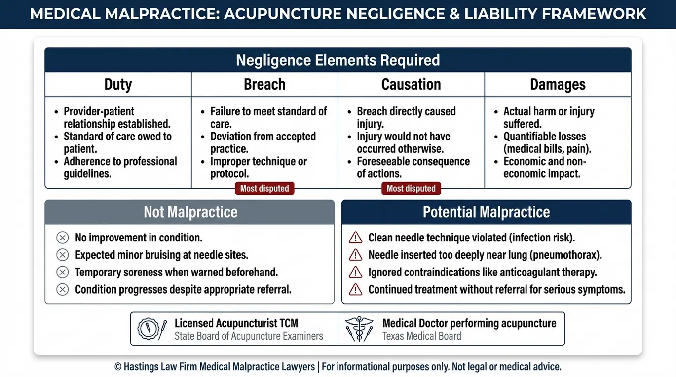 Tabla comparativa que explica lo que debe demostrar un abogado especializado en negligencia profesional de acupuntores Texas, incluyendo el incumplimiento del deber, la causalidad y los daños y perjuicios, además de ejemplos de lo que no constituye negligencia frente a posibles casos de negligencia en la acupuntura en el marco de Texas, y las diferencias normativas entre acupuntores y médicos.