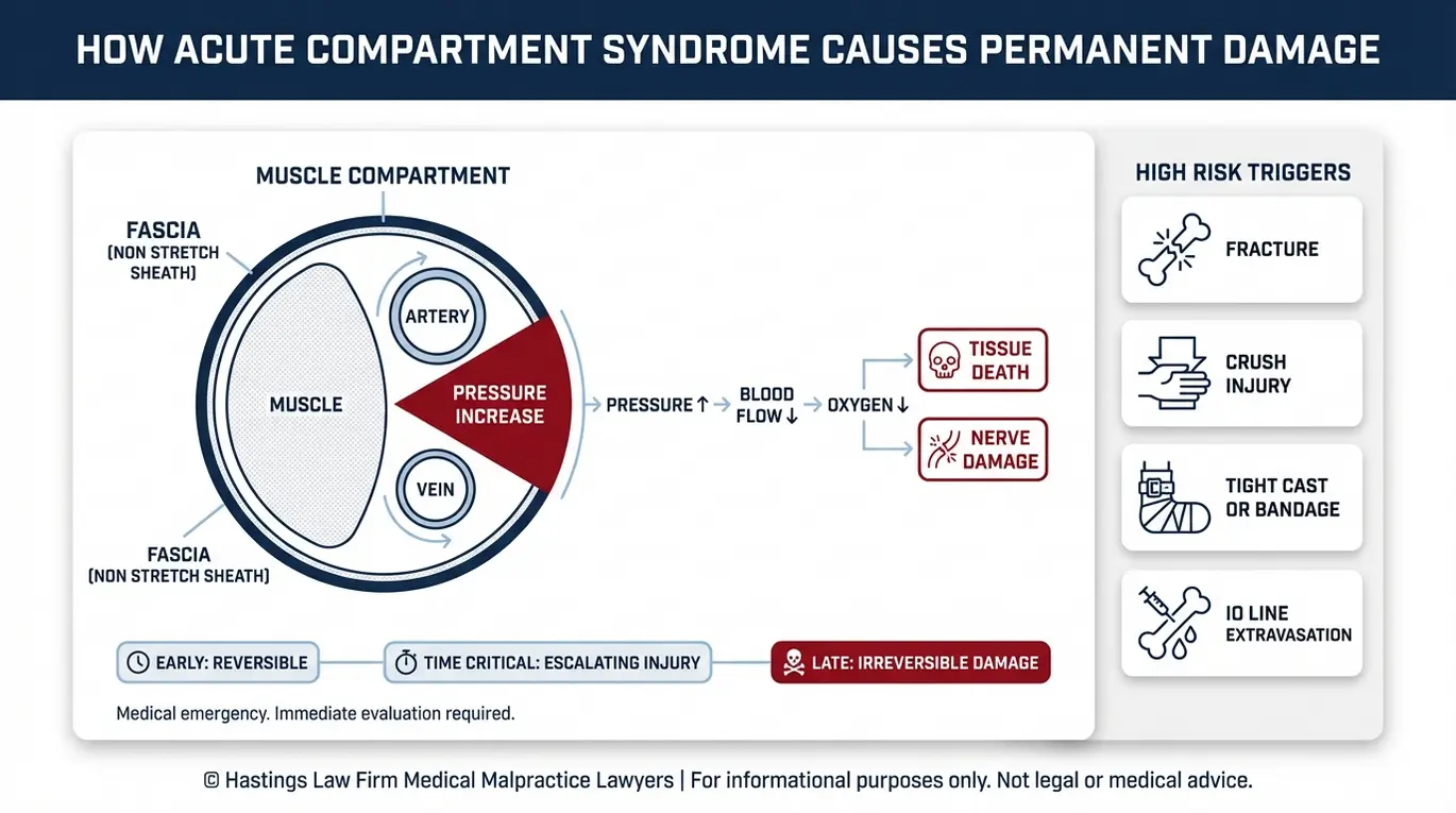 Clinical diagram showing how pressure buildup inside fascia reduces blood flow and causes tissue death for Arizona Compartment Syndrome Malpractice Lawyer research.