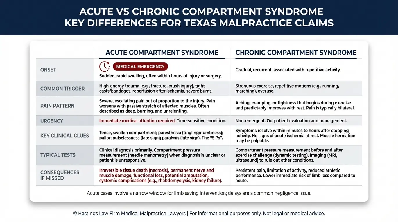 Tabla comparativa en la que se explican las diferencias entre el síndrome compartimental agudo y el crónico, y por qué los retrasos son importantes para la evaluación de un abogado especializado en negligencia médica relacionada con el síndrome compartimental Texas.