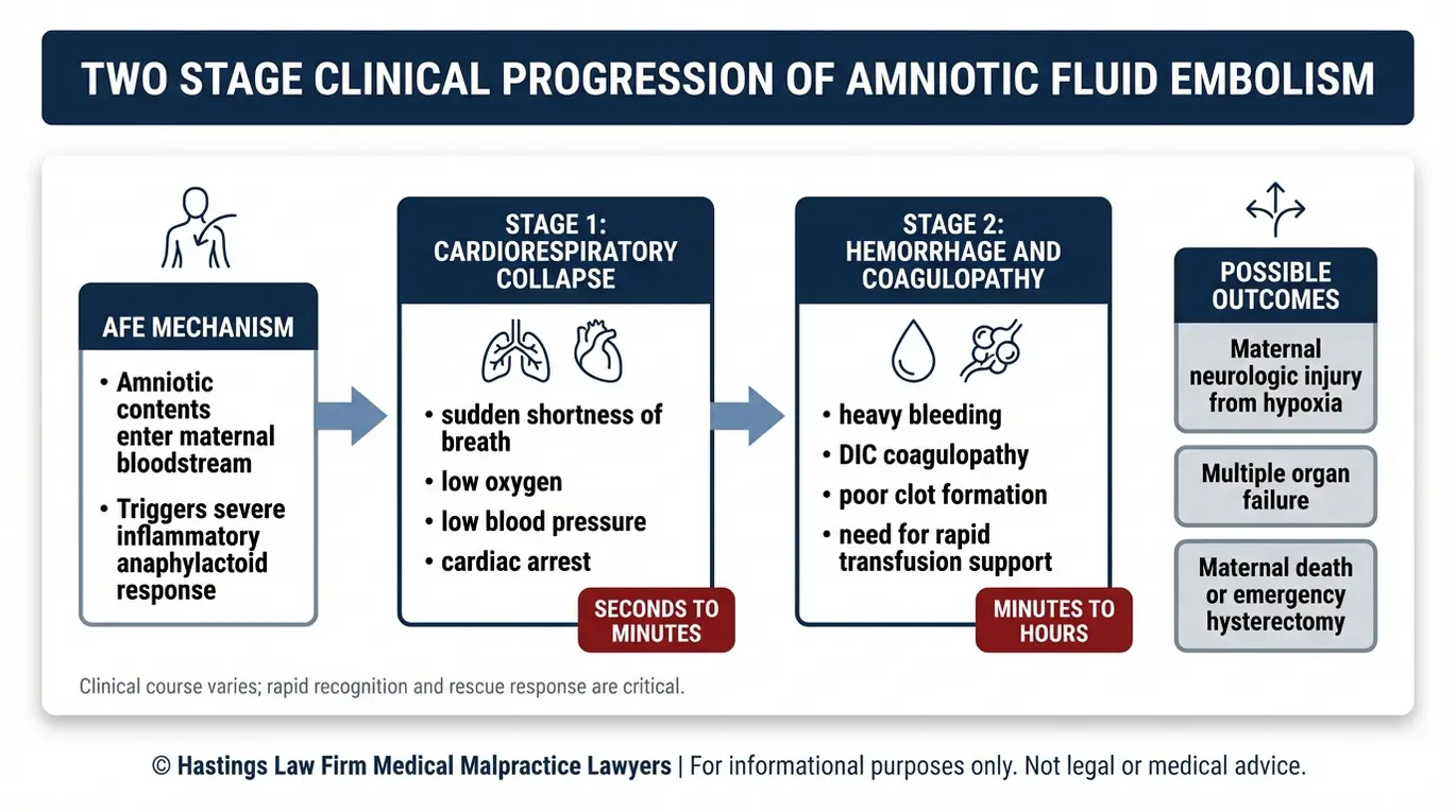 Clinical diagram showing the two stage amniotic fluid embolism progression and key symptoms relevant to a Texas Amniotic Fluid Embolism Lawyer case review.