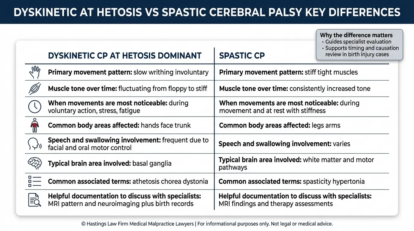 Comparison chart explaining dyskinetic cerebral palsy athetosis versus spastic cerebral palsy to help a Texas Athetosis Malpractice Lawyer review symptom patterns and related brain areas.