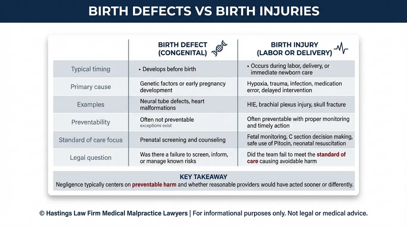 Comparison chart explaining birth defect versus birth injury for a Texas Birth Injury Lawyer consultation including causes timing preventability medical clues and the standard of care link.