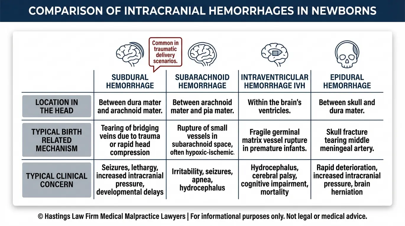 Comparison table explaining types of infant brain bleeds including subdural hemorrhage subarachnoid hemorrhage intraventricular hemorrhage and epidural hemorrhage to help parents evaluating a Texas Birth Related Subdural Hemorrhage Lawyer.