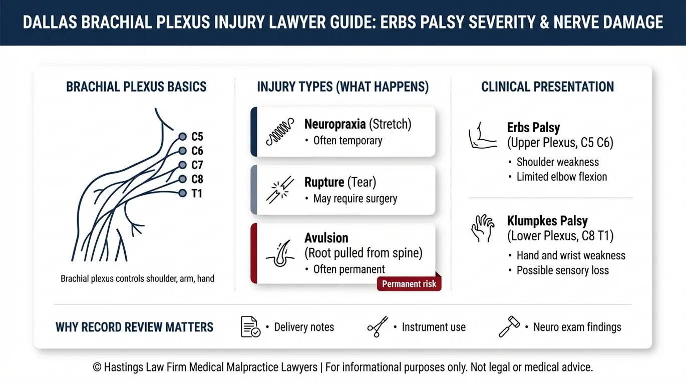 Clinical diagram explaining brachial plexus anatomy and Erbs Palsy severity levels for readers seeking a Dallas brachial plexus injury lawyer.