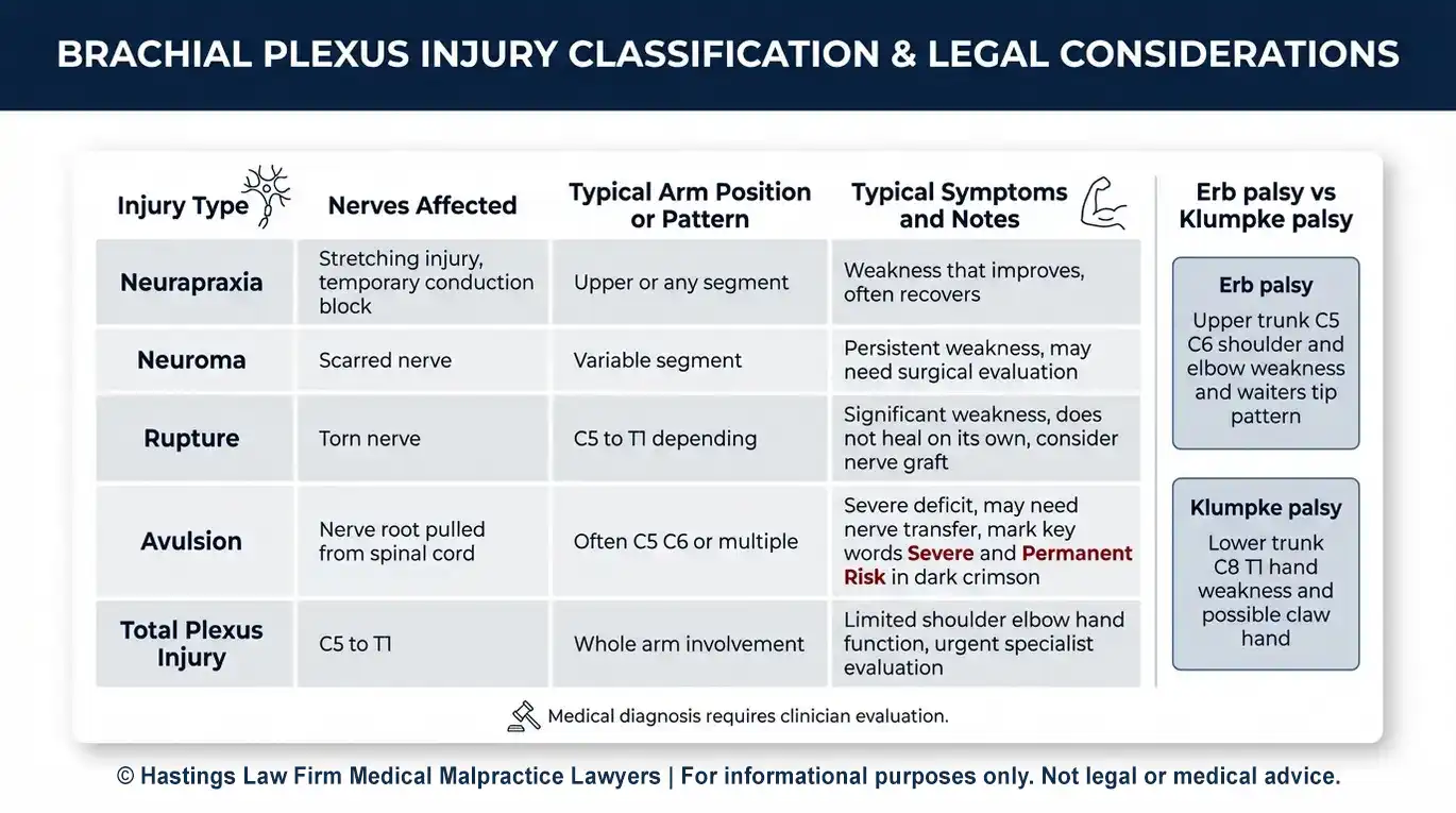 Comparison chart explaining brachial plexus injury types and symptoms for families searching for an Arizona Brachial Plexus Injury Lawyer.