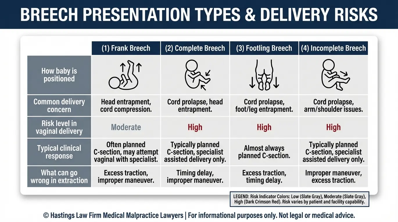 Comparison chart explaining breech presentation types and associated risks to help a Texas Breech Extraction Error Lawyer review whether a breech extraction error may have occurred.