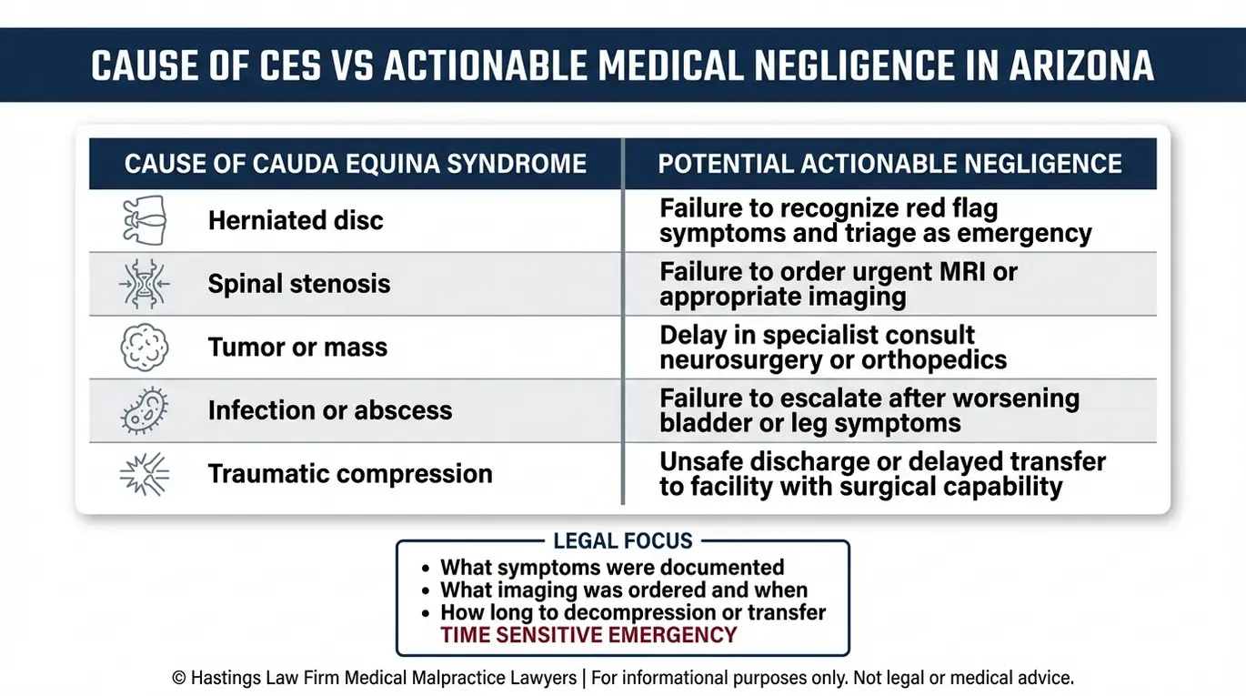 Comparison chart explaining cauda equina syndrome causes versus actionable negligence for an Arizona Cauda Equina Syndrome Malpractice Lawyer review.
