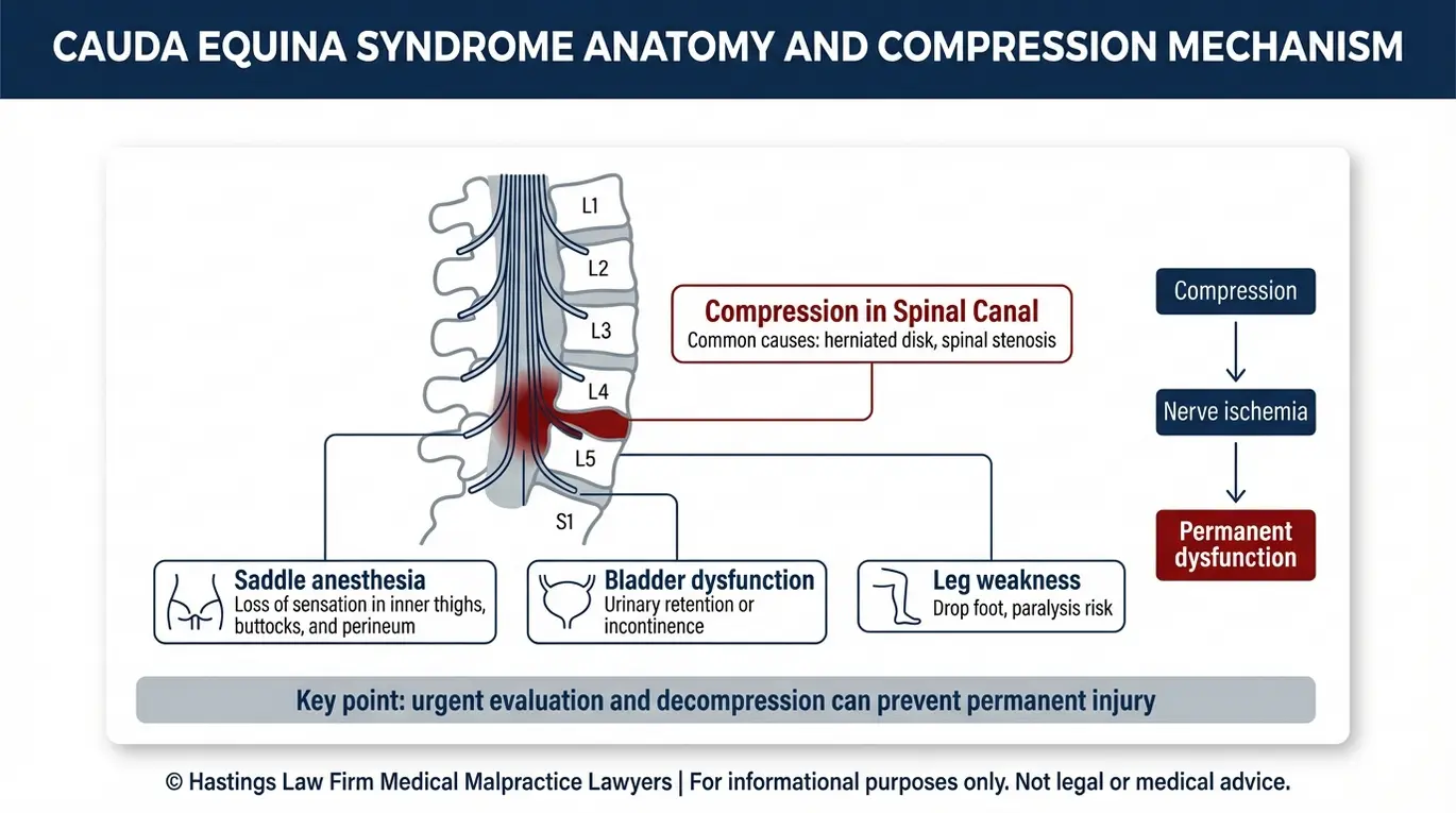 Clinical diagram showing cauda equina nerve root compression anatomy and red flag symptoms relevant to a Texas Cauda Equina Syndrome Malpractice Lawyer evaluation.