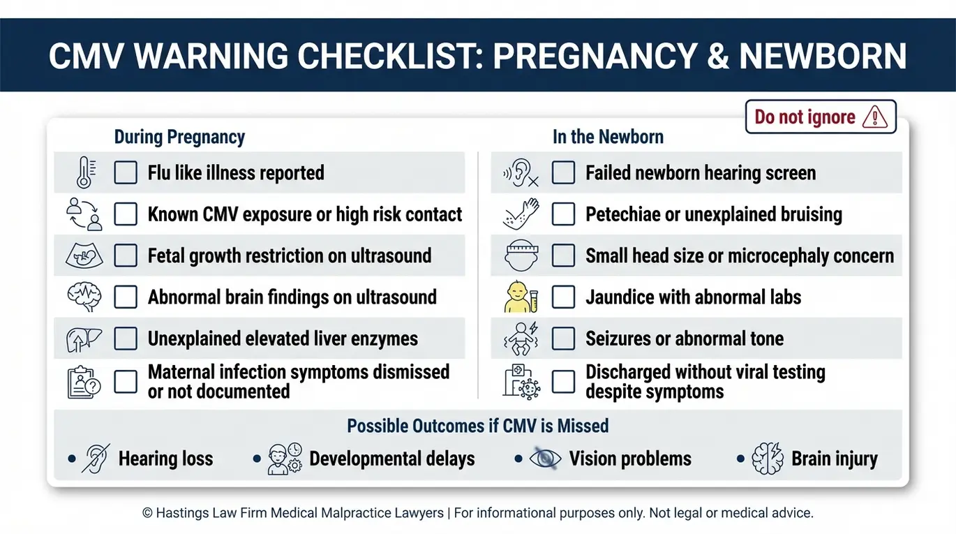 Warning checklist of red flags and outcomes in Texas missed congenital CMV lawyer cases including pregnancy symptoms newborn failed hearing screen and developmental delays.