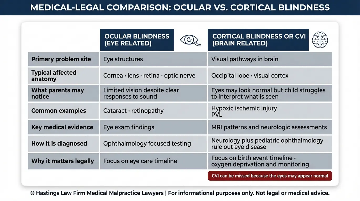 Comparison chart explaining Texas Infant Cortical Blindness Lawyer topic by contrasting ocular blindness and cortical visual impairment including anatomy symptoms diagnosis methods and key medical evidence.