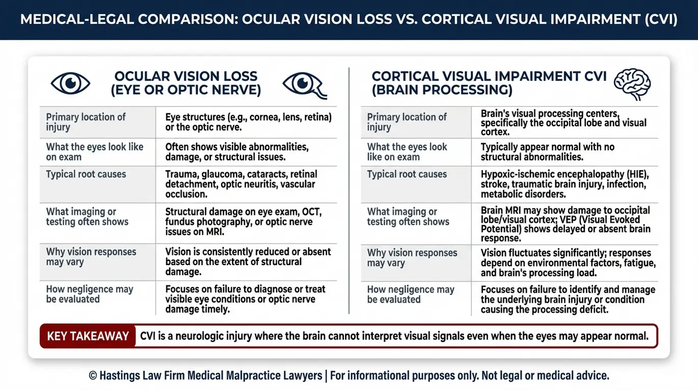 Tabla comparativa que explica la discapacidad visual cortical y la ceguera ocular para padres que buscan un abogado especializado en ceguera cortical infantil en Arizona, incluyendo las diferencias en las pruebas de localización de la lesión y las causas más comunes.