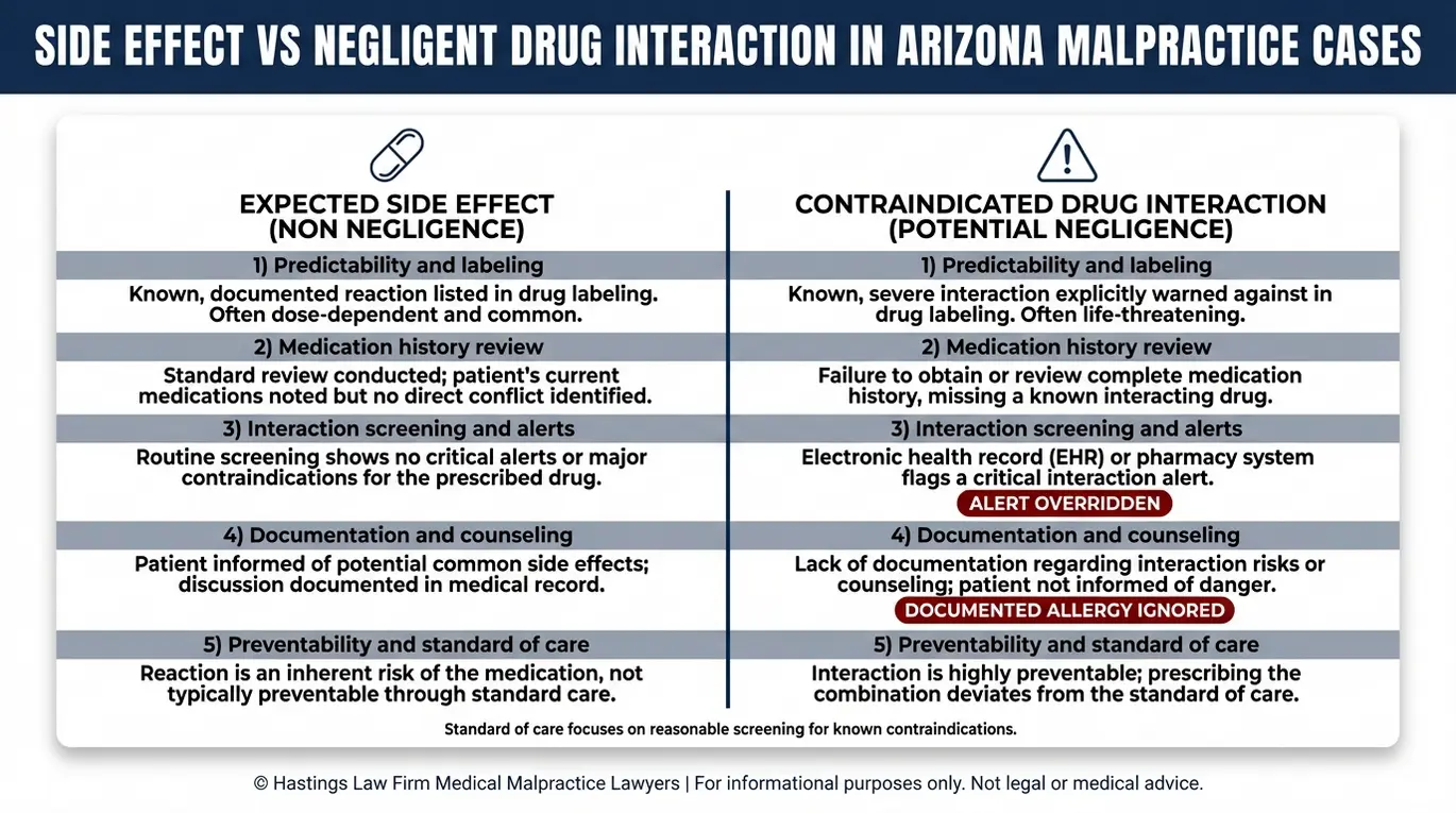 Tabla comparativa en la que se explican los efectos secundarios frente a las interacciones farmacológicas contraindicadas, destinada a la evaluación de un abogado especializado en negligencia médica por interacciones farmacológicas en Arizona.