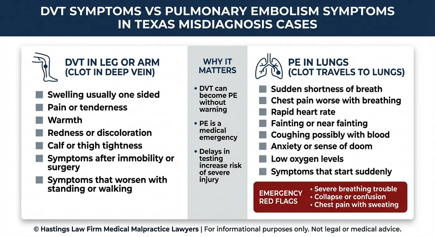 Tabla comparativa de los síntomas de la TVP frente a los de la embolia pulmonar, relevante para la evaluación de un retraso en el diagnóstico por parte de un abogado especializado en negligencia médica por TVP Texas.