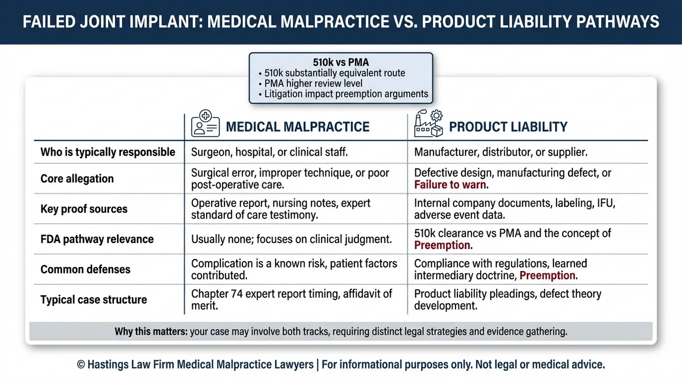 Cuadro comparativo para un abogado especializado en casos de prótesis articulares defectuosas Texas, en el que se comparan las teorías de negligencia médica con las de responsabilidad por productos defectuosos, incluyendo defectos de diseño, defectos de fabricación e incumplimiento del deber de advertir, y se explica cómo las autorizaciones 510(k) y PMA afectan a las defensas basadas en la prevalencia.