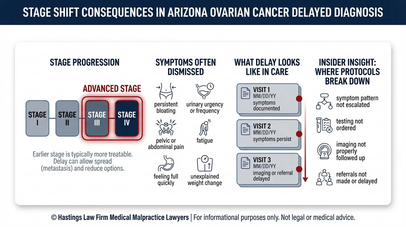Infografía que muestra cómo el retraso en el diagnóstico del cáncer de ovario puede hacer que la enfermedad pase de una etapa temprana a una avanzada, y que resume los síntomas clave que se pasaron por alto para el análisis de un caso por parte de un abogado especializado en diagnósticos erróneos de cáncer de ovario en Arizona.